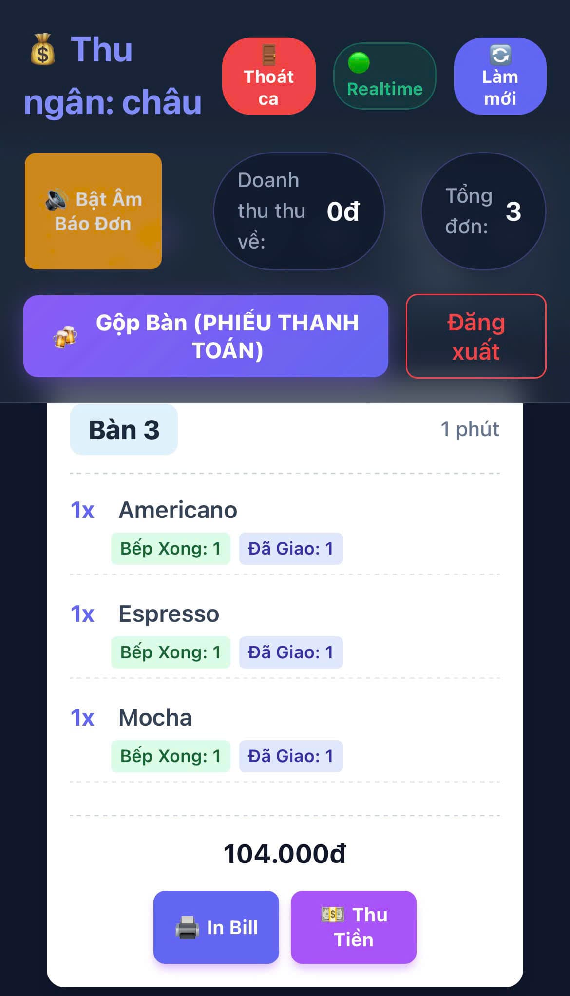Giao diện Thu Ngân ChotMon tính tiền đơn hàng trên điện thoại