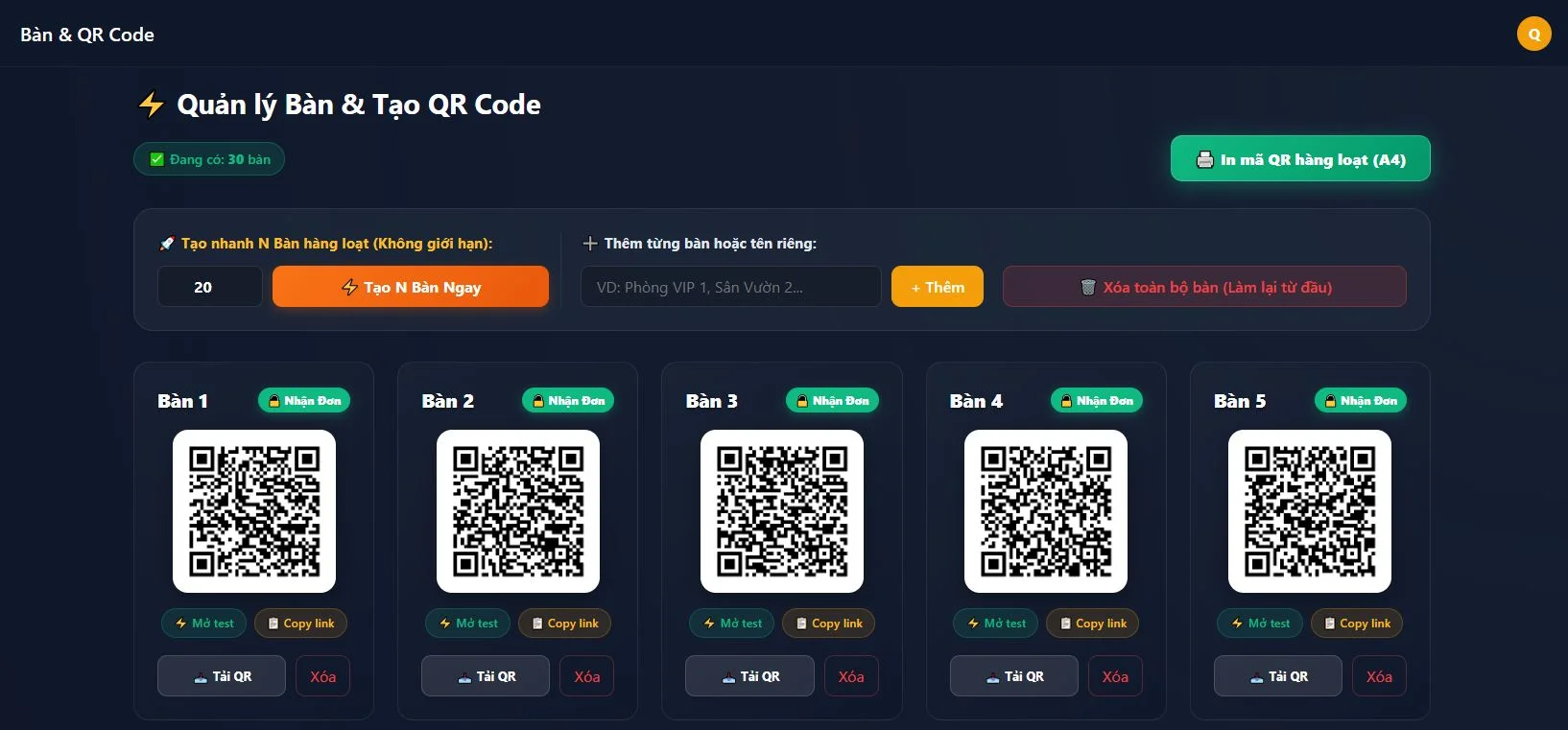 Quản lý mã QR theo từng bàn trên ChotMon